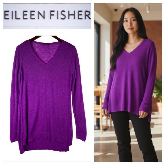 Eileen Fisher Sweaters - Eileen Fisher Small Sweater Thin Pullover 100% Wool Bright Purple V-Neck Sheer